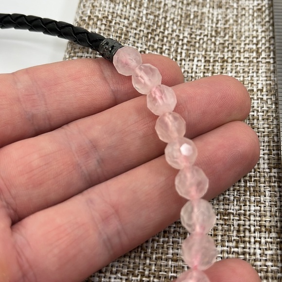 Rose Quartz Braided Black Leather Sterling Silver Adjustable Choker Necklace - Picture 11 of 11